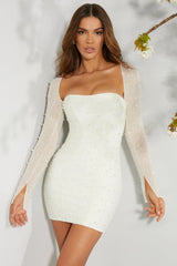 Long Sleeve Embellished Corset Mini Dress in Ivory