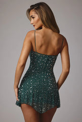 Sheer Embellished Scoop Neck Mini Dress in Emerald