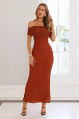 Invited Off Shoulder Mesh Maxi Dress Brown
