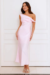 Stylish Season Off Shoulder Satin Midi Dress Pink
