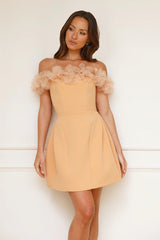 Twilight Tiaras Off Shoulder Mini Dress Peach