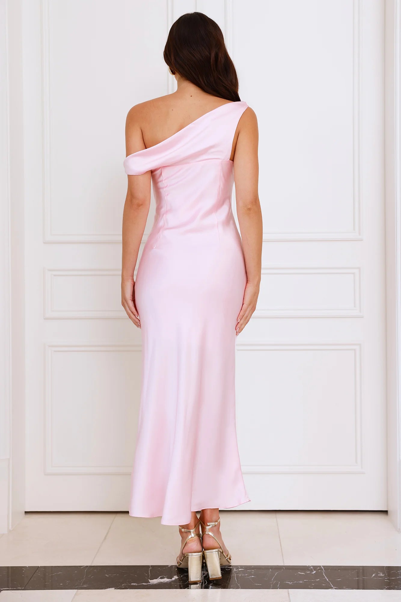 Stylish Season Off Shoulder Satin Midi Dress Pink