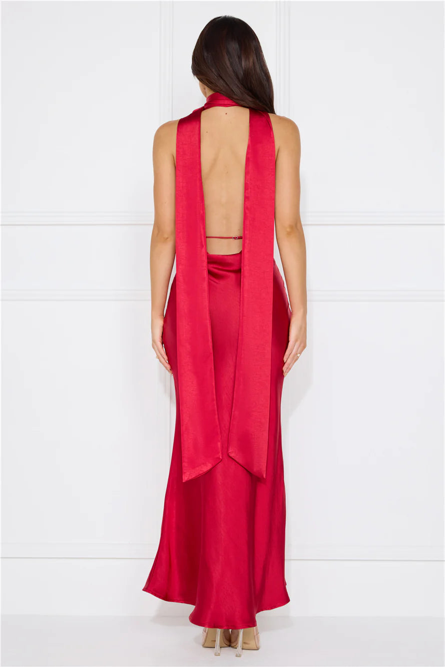 Stolen Style Points Halter Satin Maxi Dress Red