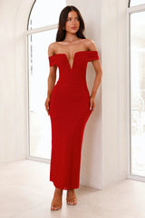 Seductive Shadows Off Shoulder Mesh Maxi Dress Burgundy