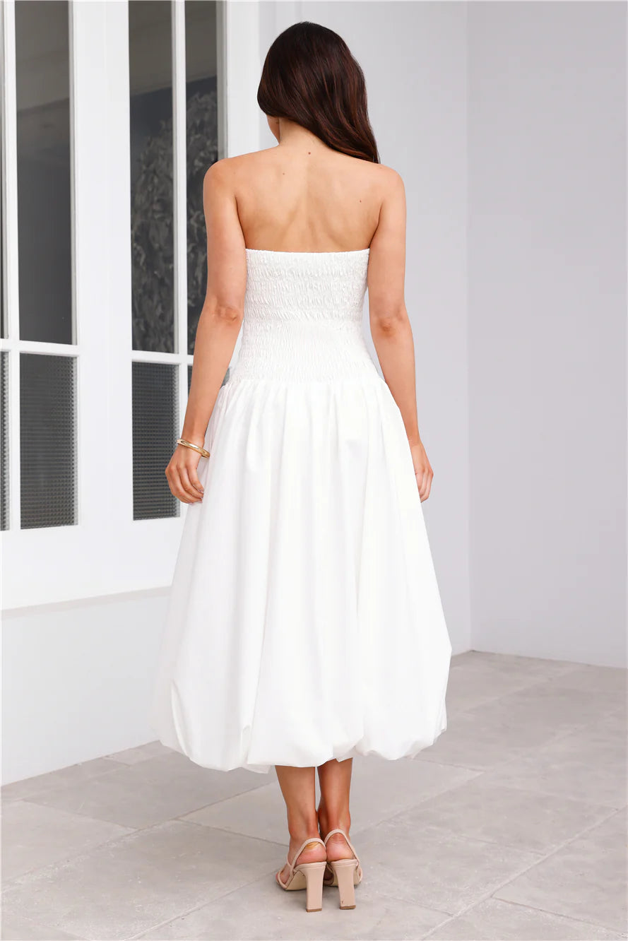 Vacay In The Maldives Strapless Bubble Midi Dress White