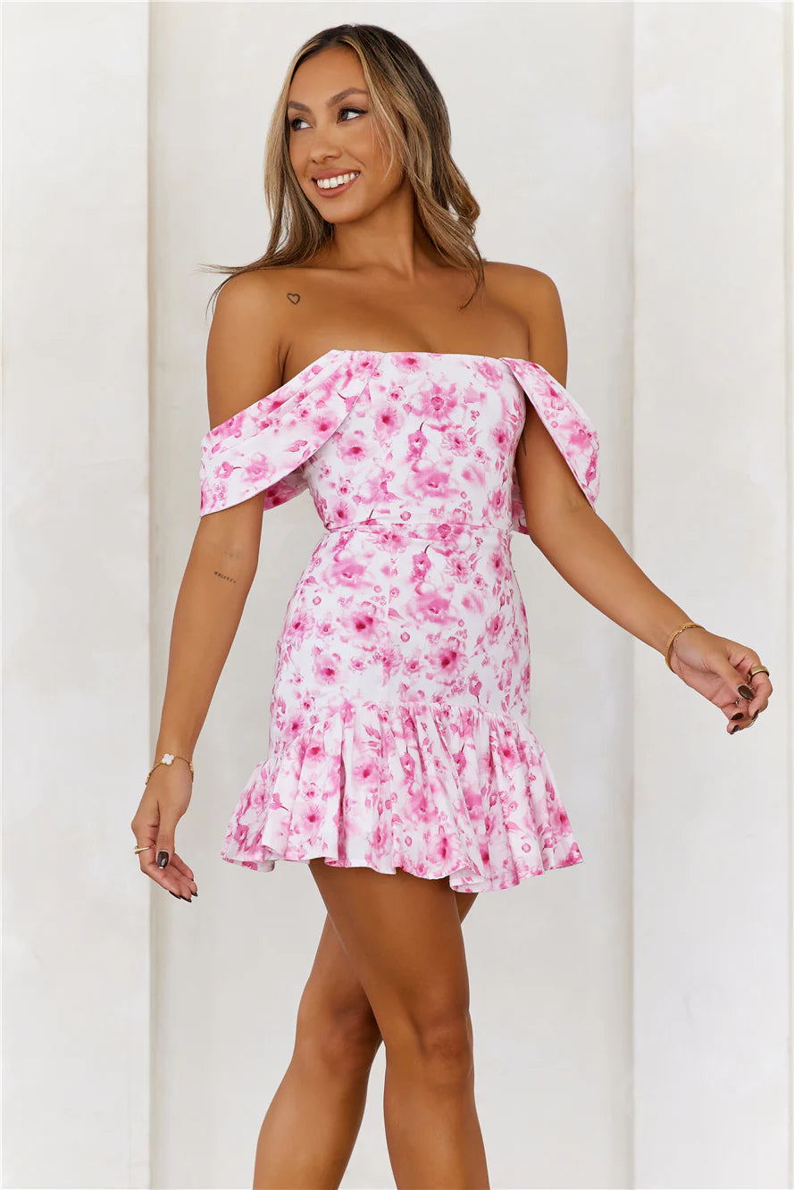 Wonderful Moments Off Shoulder Mini Dress Pink
