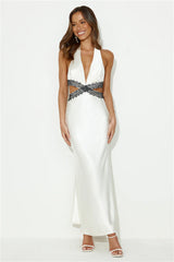 Touch Of Lace Satin Halter Maxi Dress White