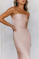 Infinite Love Strapless Satin Midi Dress Champagne