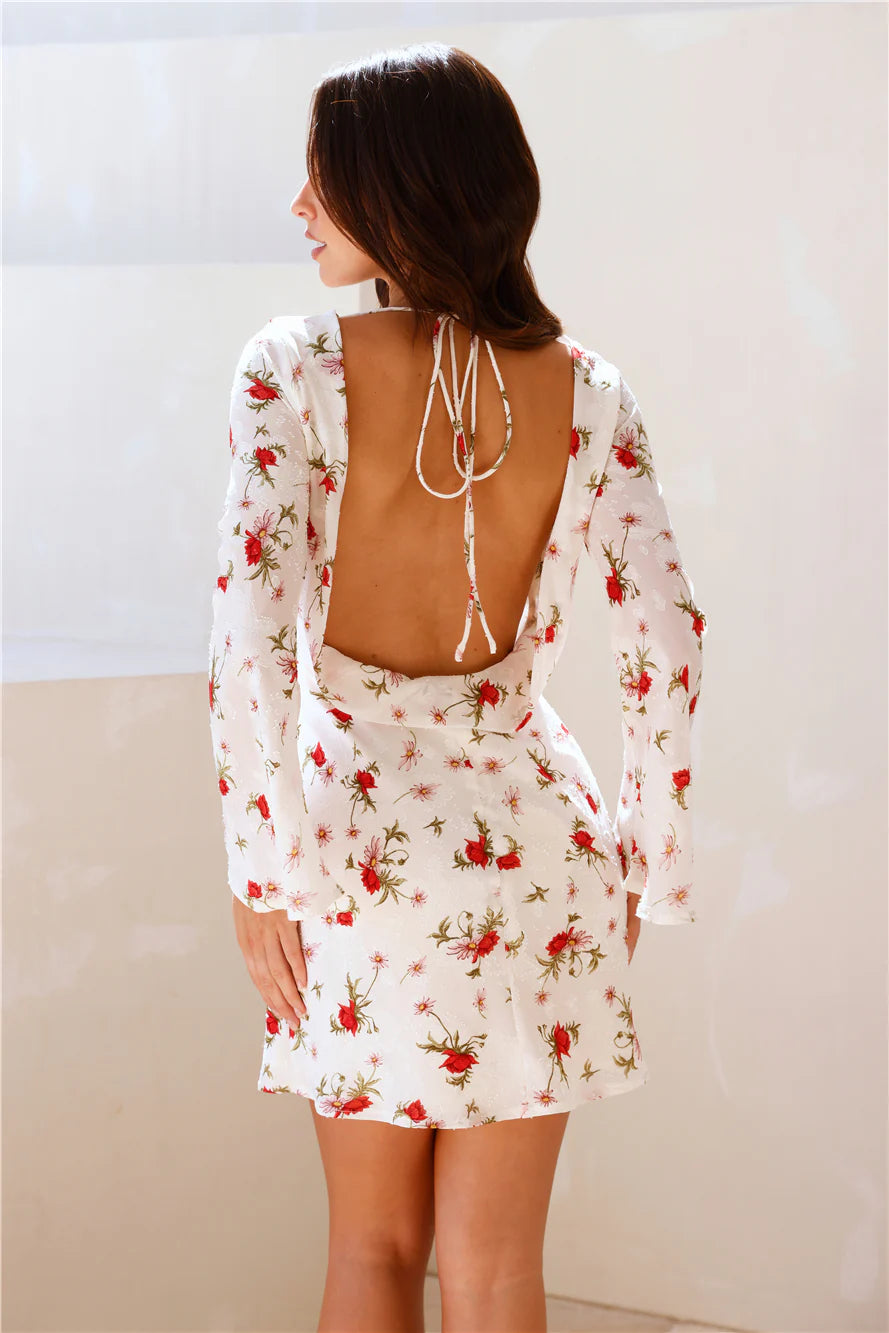 Space Flowers Long Sleeve Mini Dress Cream