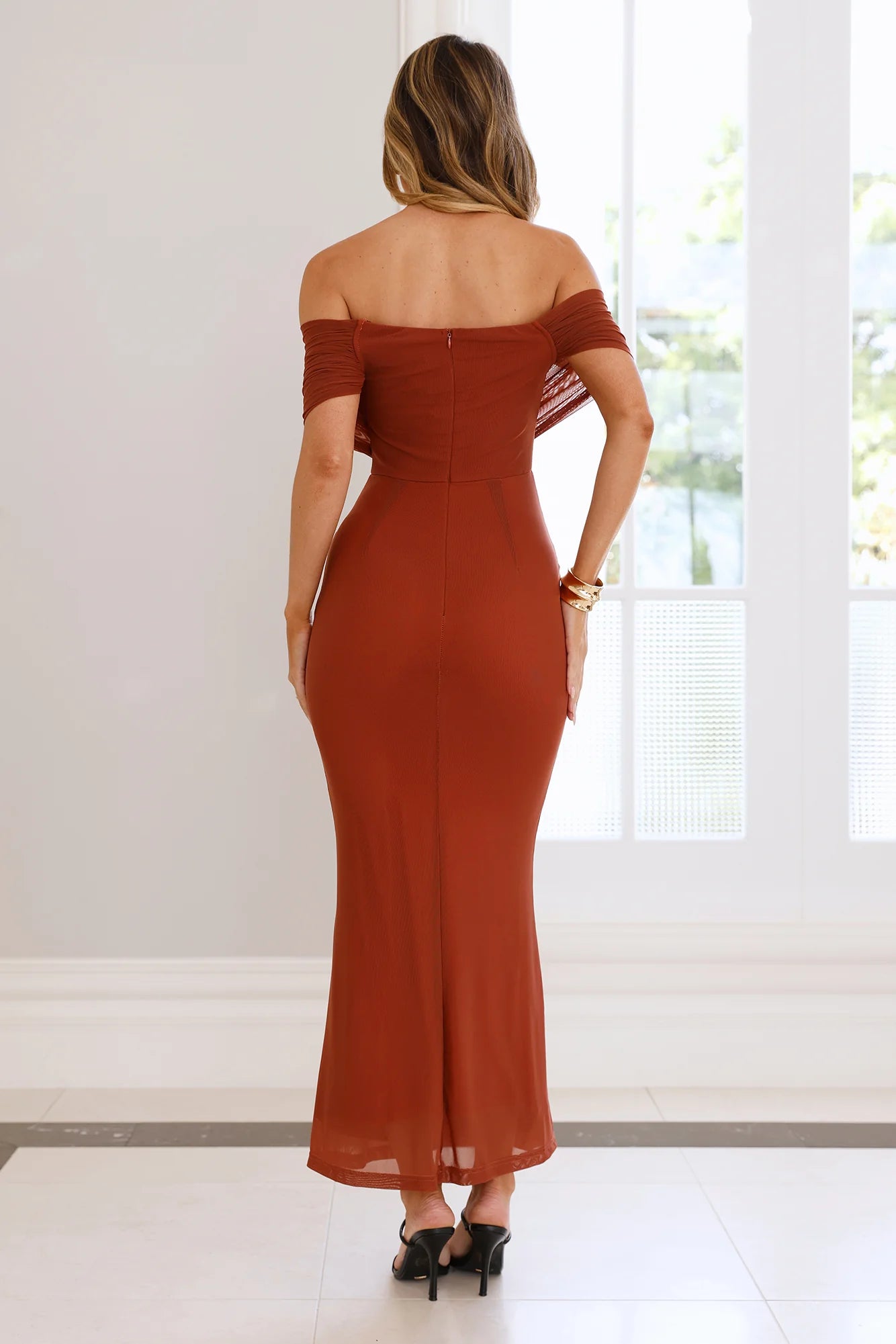 Invited Off Shoulder Mesh Maxi Dress Brown
