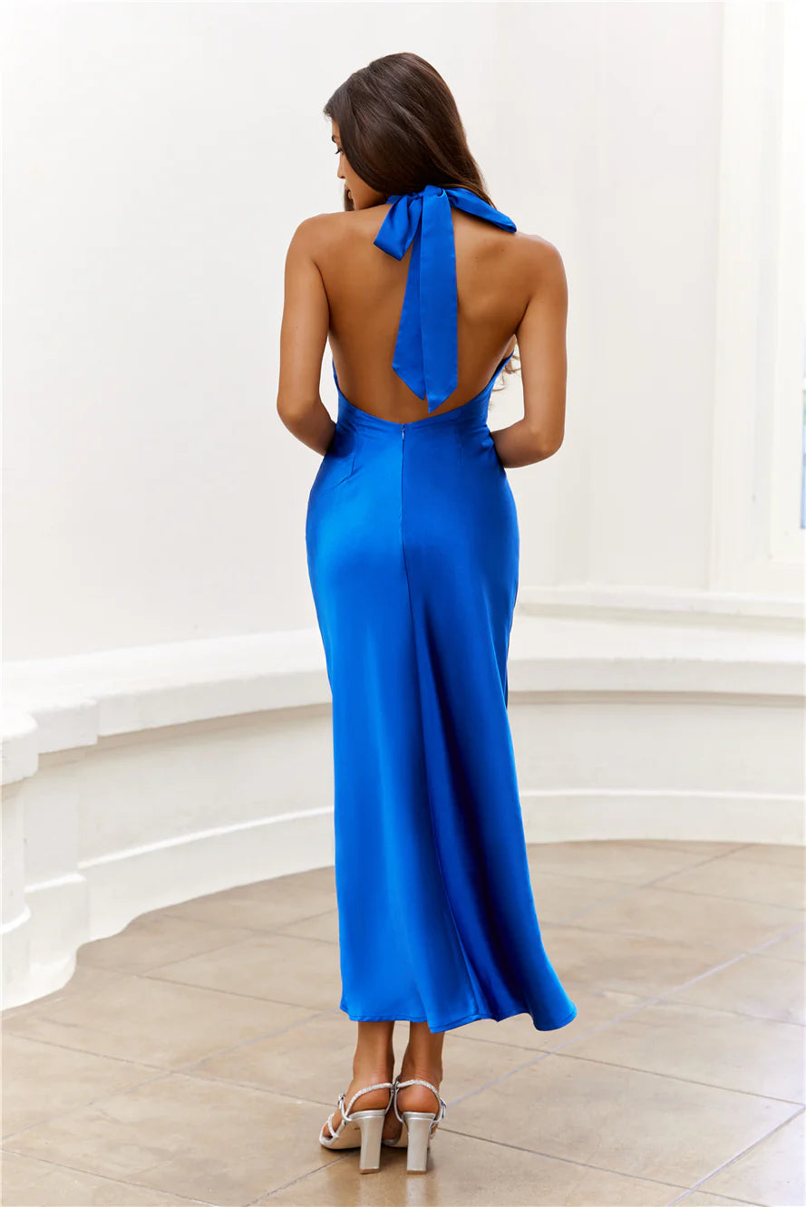 Twilight Glow Satin Halter Midi Dress Blue