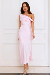 Stylish Season Off Shoulder Satin Midi Dress Pink