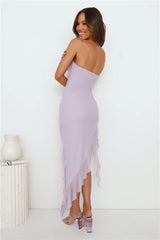 Social Status Strapless Mesh Frill Midi Dress Lilac