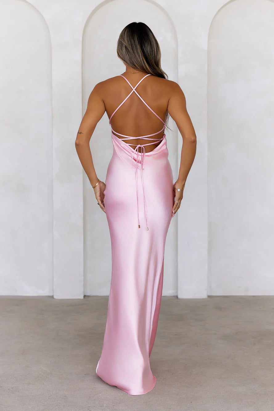 Welcome Fashionista Satin Maxi Dress Pink
