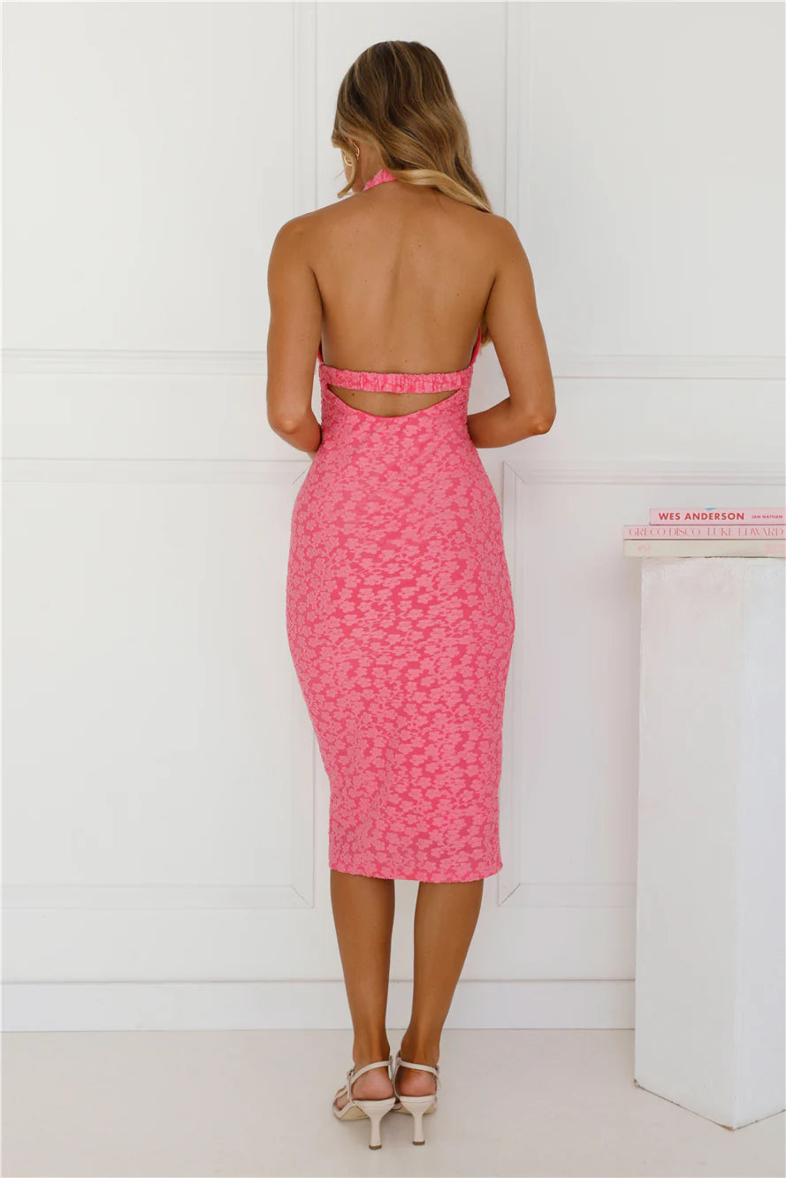 Sassy Socialite Halter Midi Dress Pink