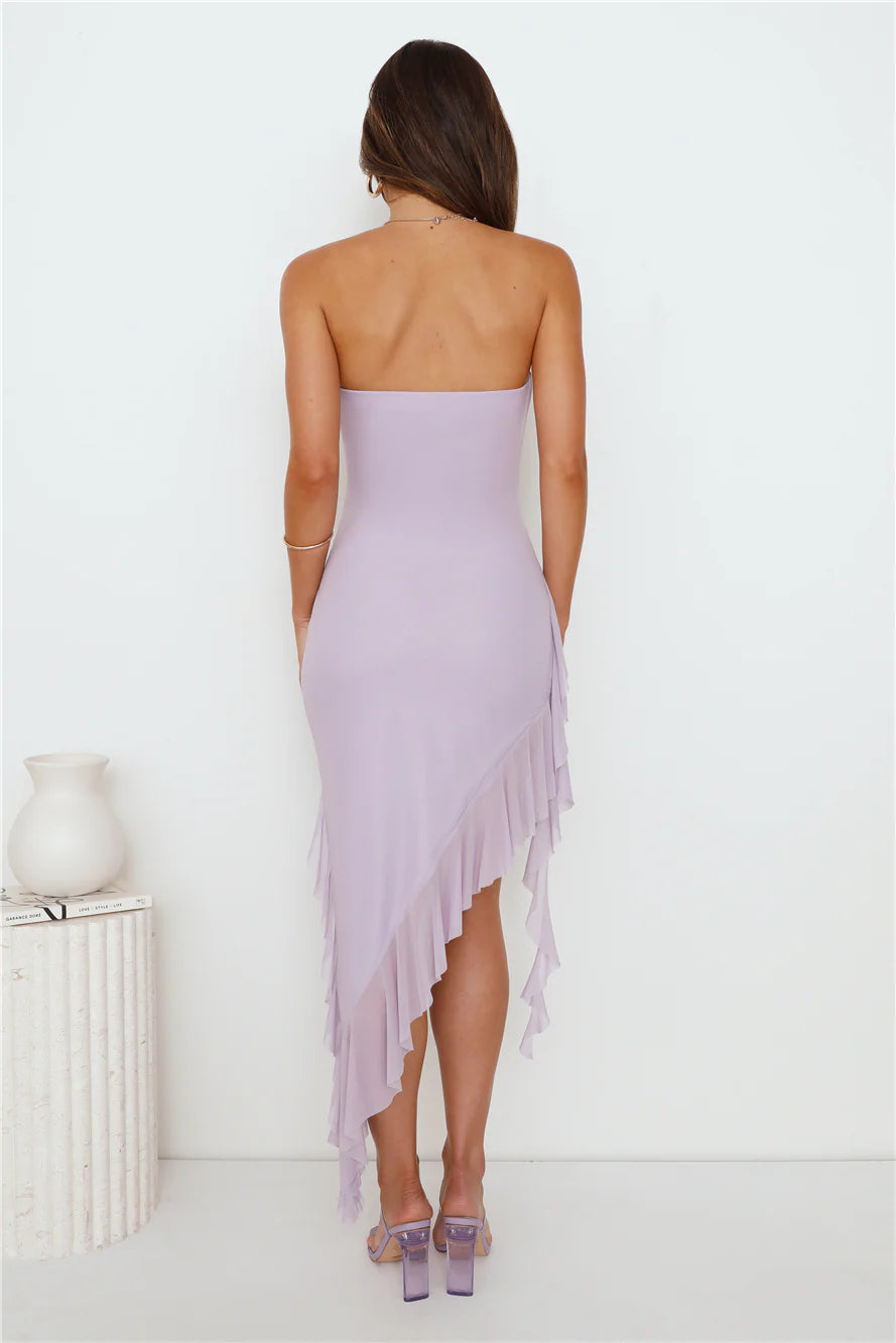 Social Status Strapless Mesh Frill Midi Dress Lilac