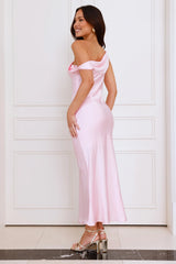 Stylish Season Off Shoulder Satin Midi Dress Pink