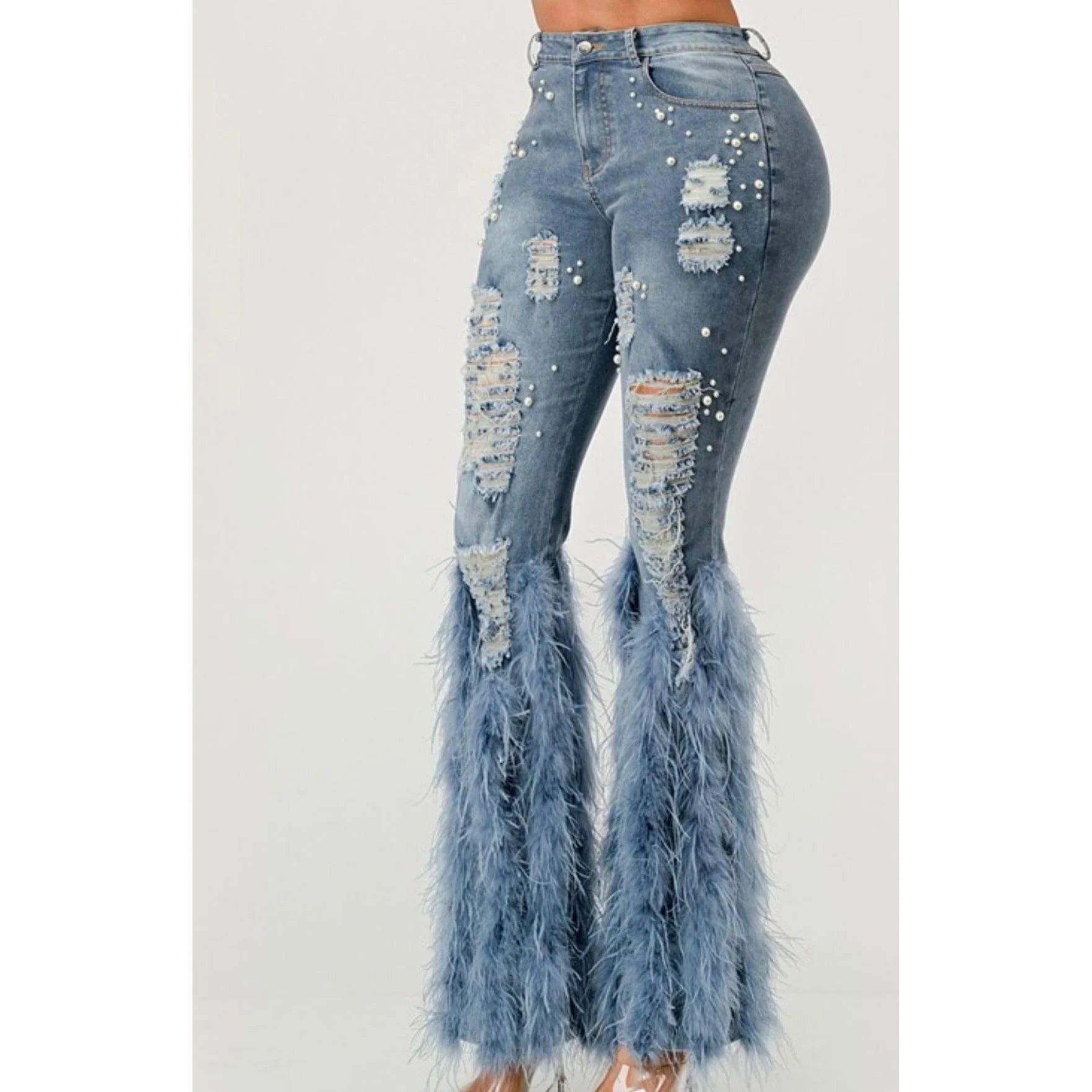 Pearl Embellished Feather Jeans