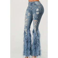 Pearl Embellished Feather Jeans