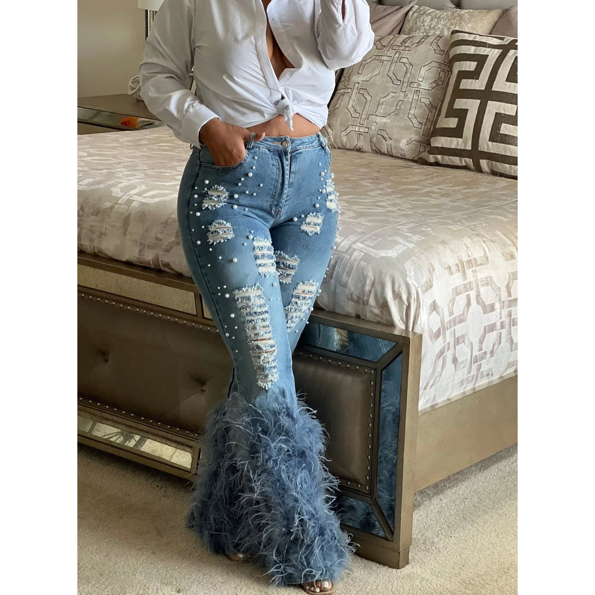 Pearl Embellished Feather Jeans