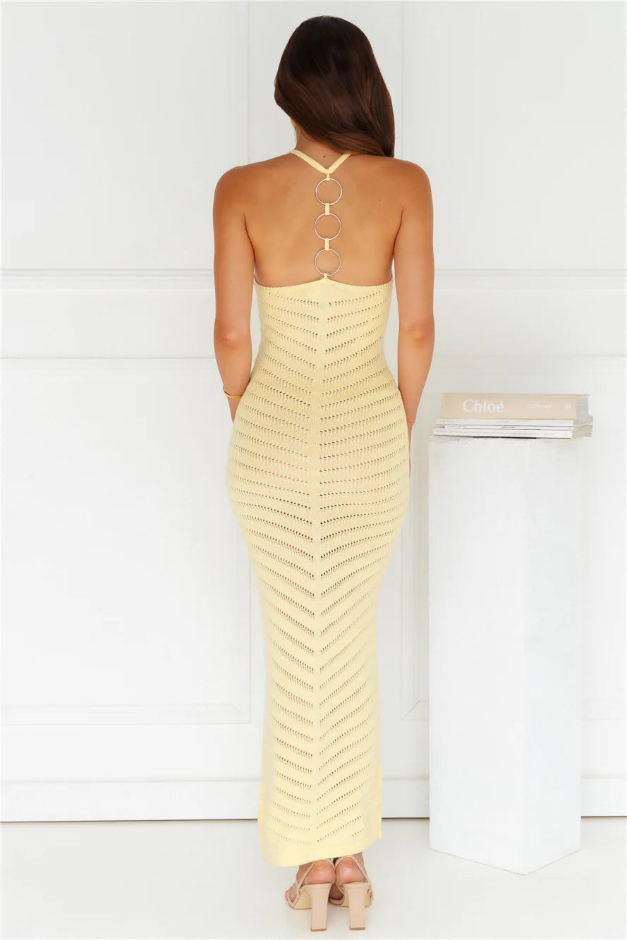 Sandy Sea Knit Halter Midi Dress Yellow