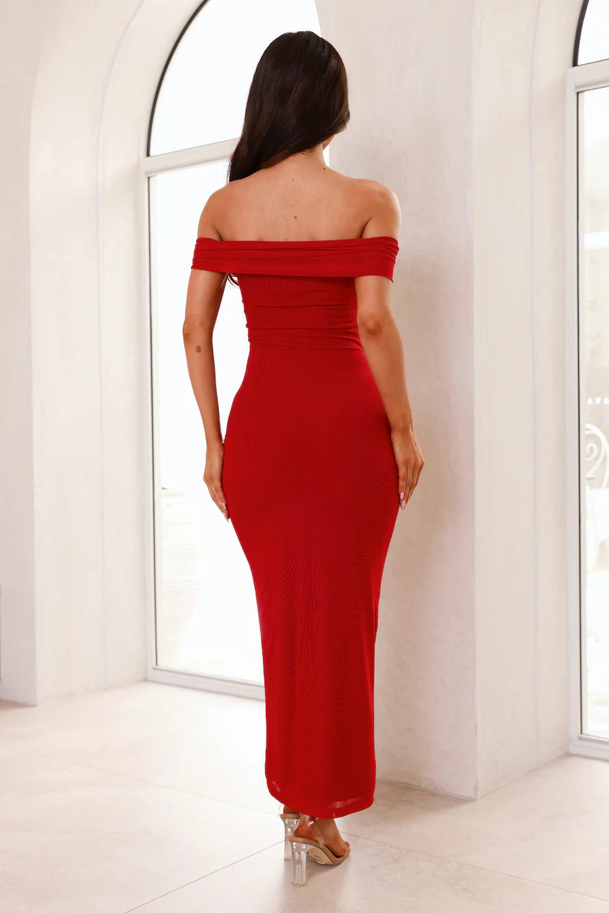 Seductive Shadows Off Shoulder Mesh Maxi Dress Burgundy