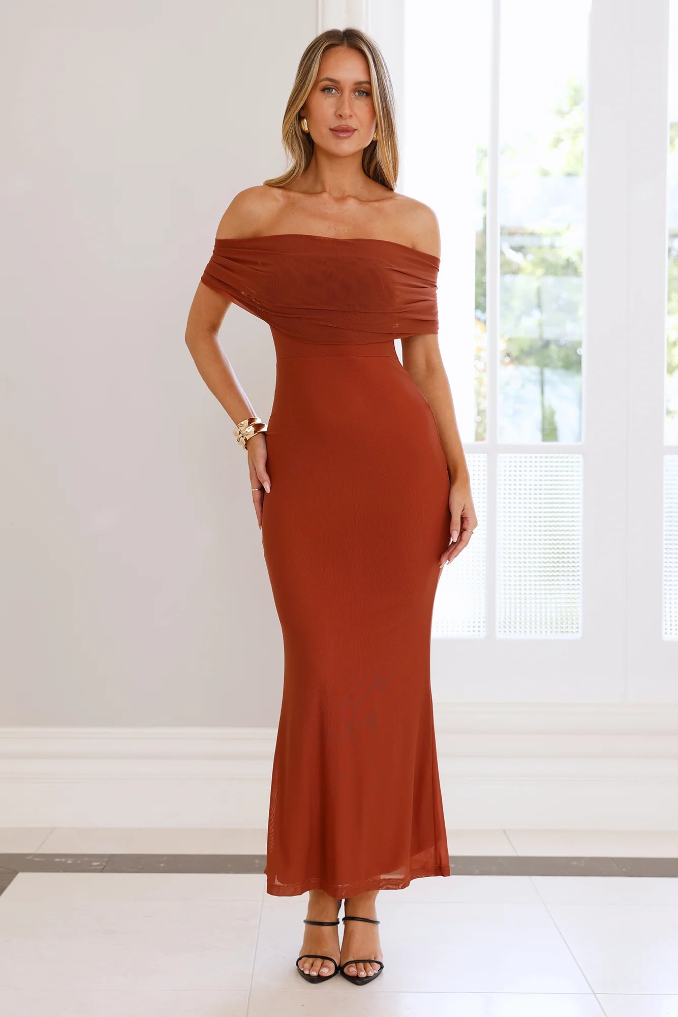 Invited Off Shoulder Mesh Maxi Dress Brown