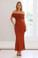 Invited Off Shoulder Mesh Maxi Dress Brown