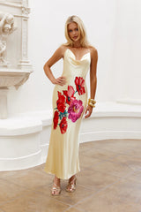 Rebellious Rose Halter Satin Maxi Dress Yellow