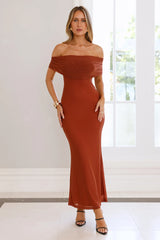 Invited Off Shoulder Mesh Maxi Dress Brown
