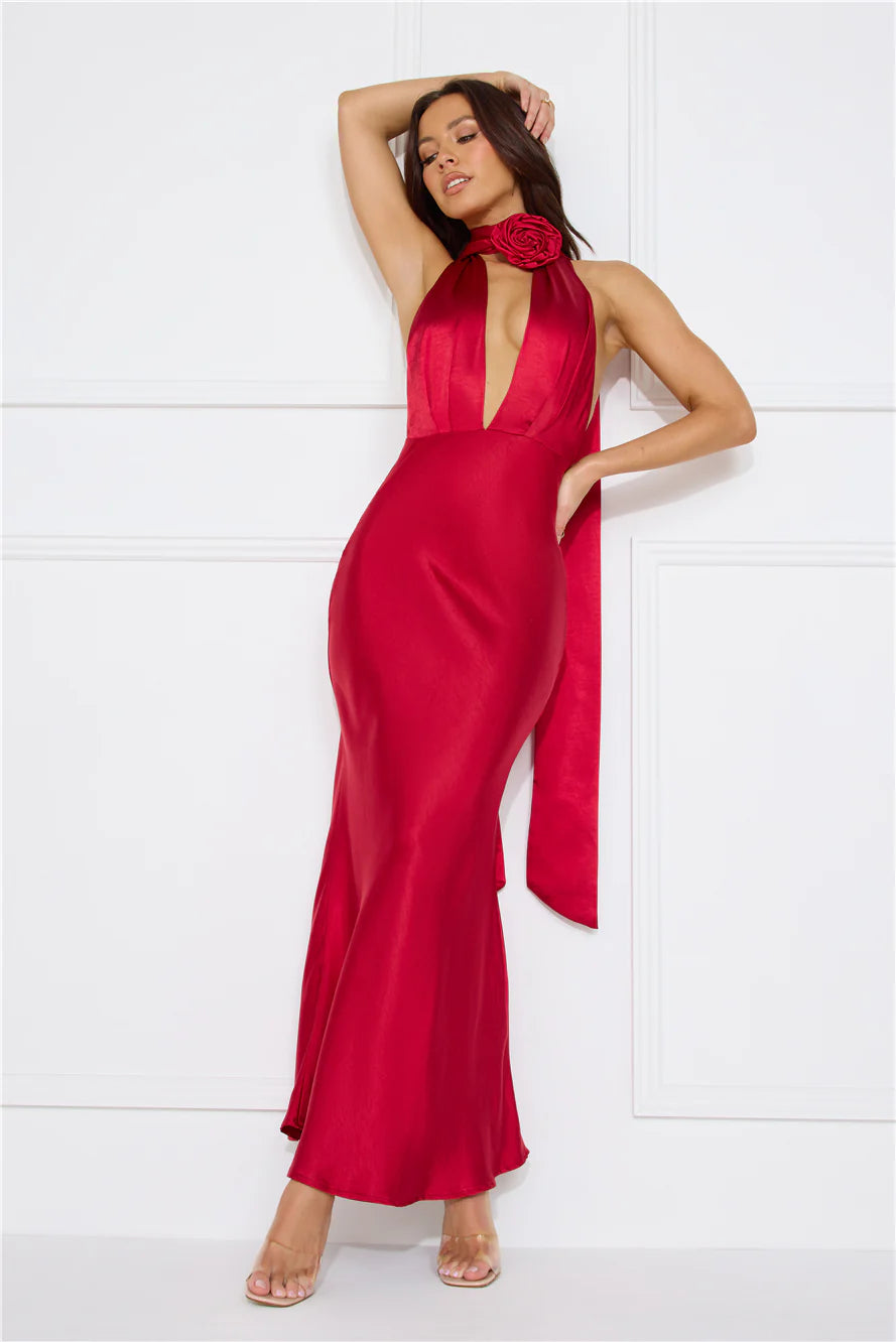 Stolen Style Points Halter Satin Maxi Dress Red