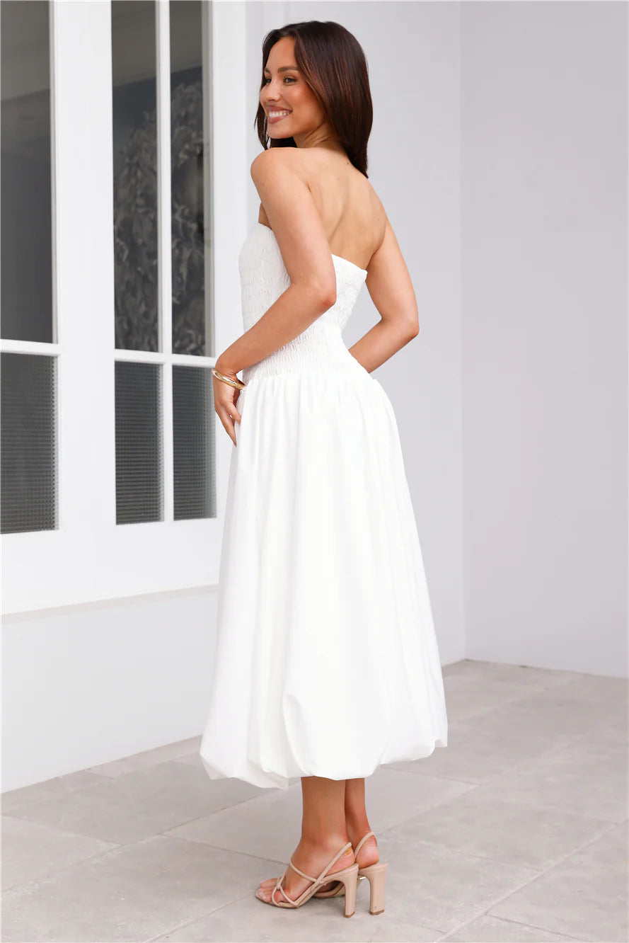 Vacay In The Maldives Strapless Bubble Midi Dress White