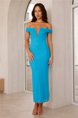 Seductive Shadows Off Shoulder Mesh Maxi Dress Blue