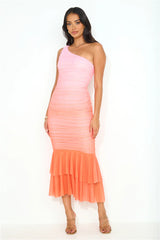 Sun Is Setting One Shoulder Mesh Maxi Dress Pink