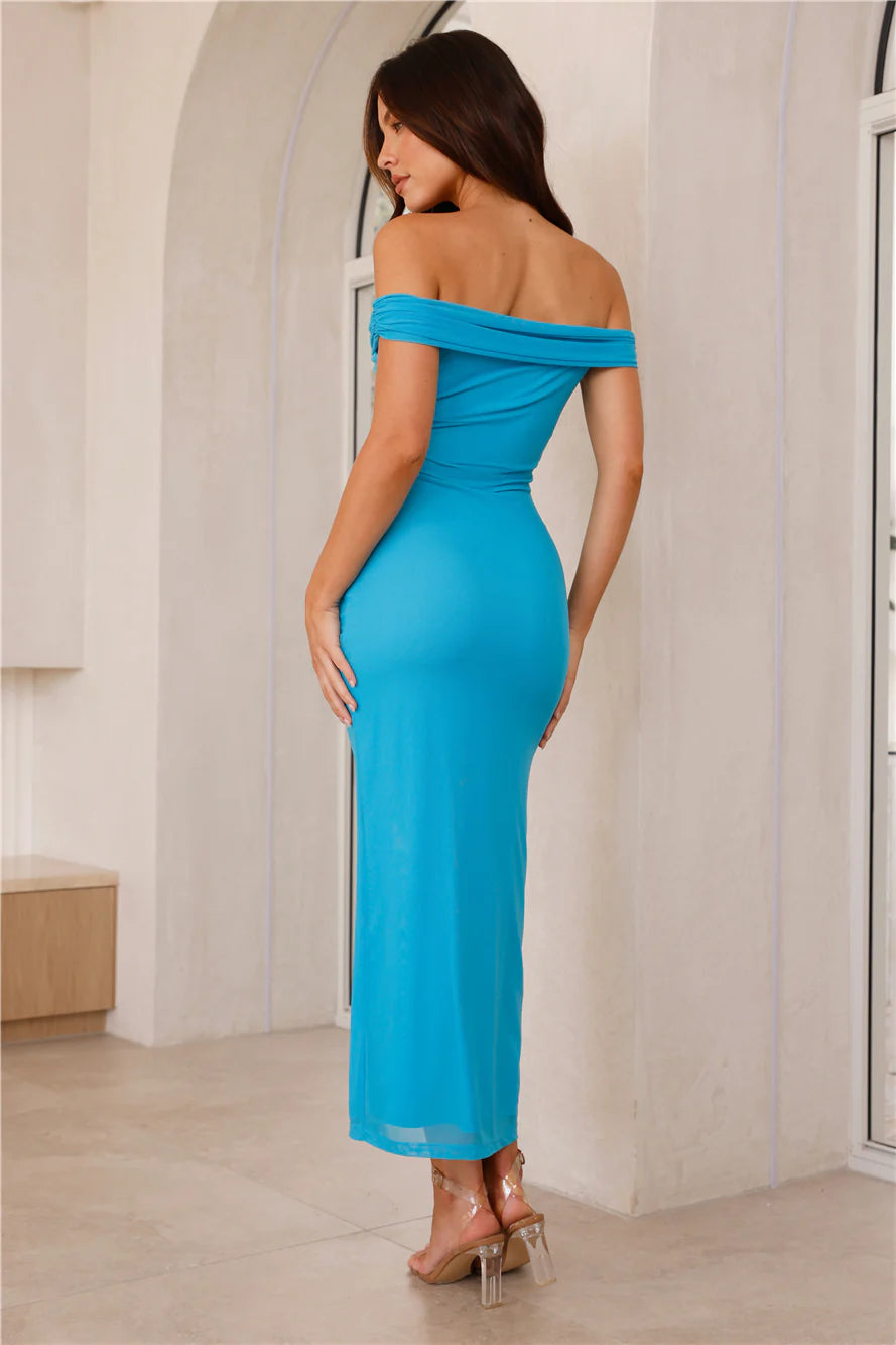 Seductive Shadows Off Shoulder Mesh Maxi Dress Blue