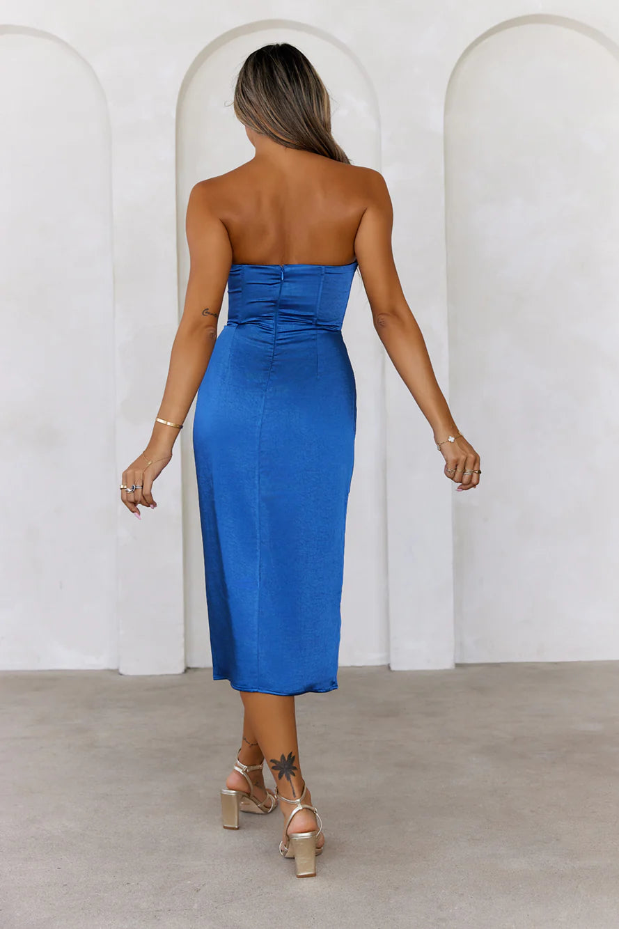 Dazzling Debutante Strapless Satin Midi Dress Blue