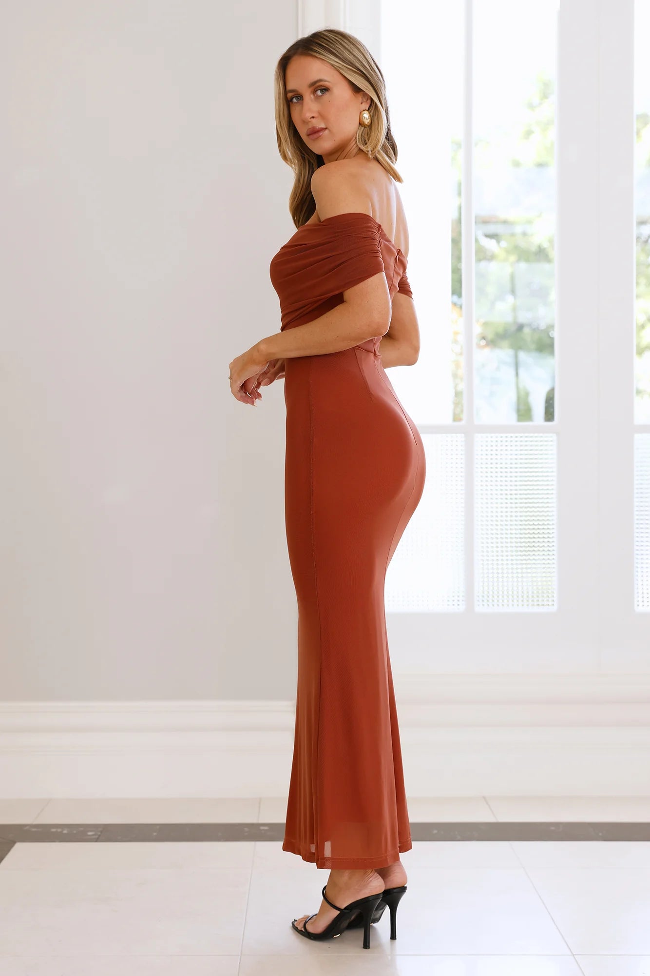 Invited Off Shoulder Mesh Maxi Dress Brown