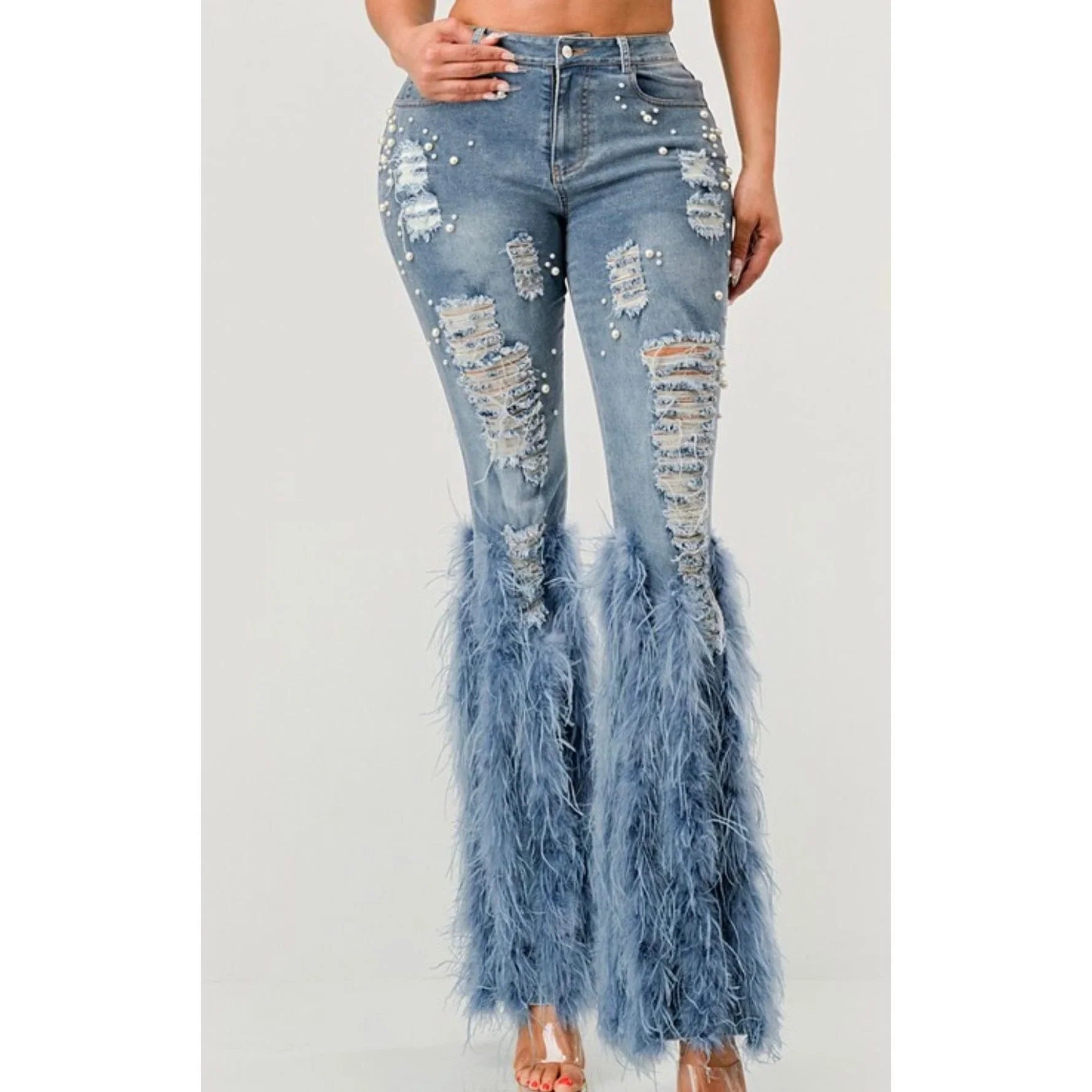 Pearl Embellished Feather Jeans